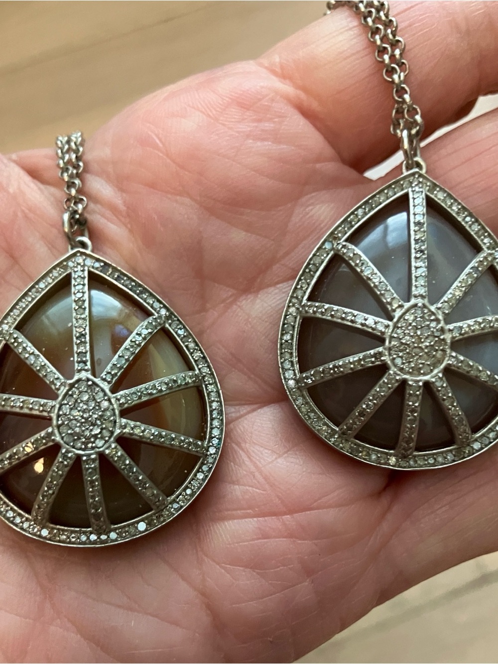 Sterling Teardrop Sunburst Necklace with Brown Agate Accent